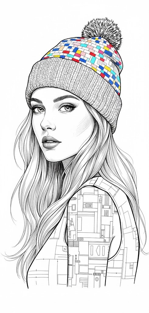 Ink Illustration: Woman with Colorful Beanie, Selective Color - view 1