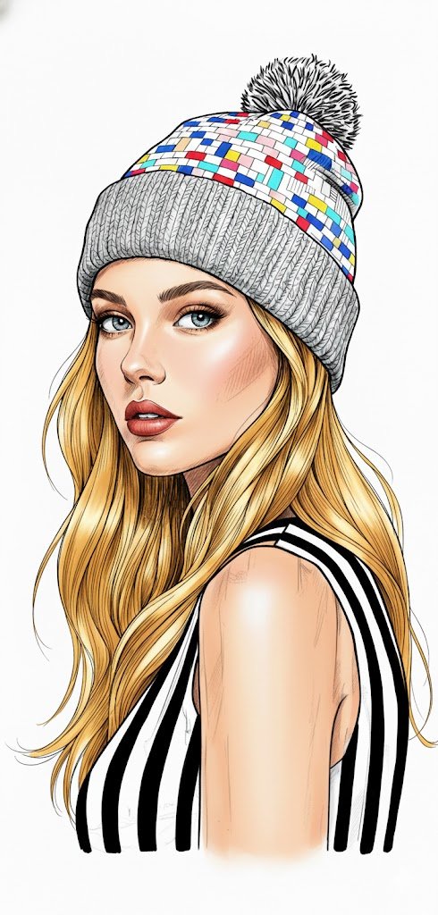 Ink Illustration: Woman with Colorful Beanie, Selective Color thumbnail 2