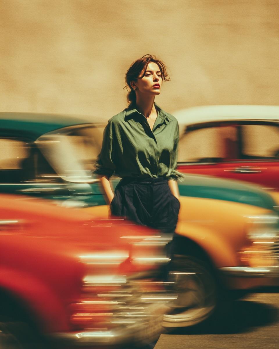 Stylish Woman in 70s Street Portrait with Motion Blur - view 1