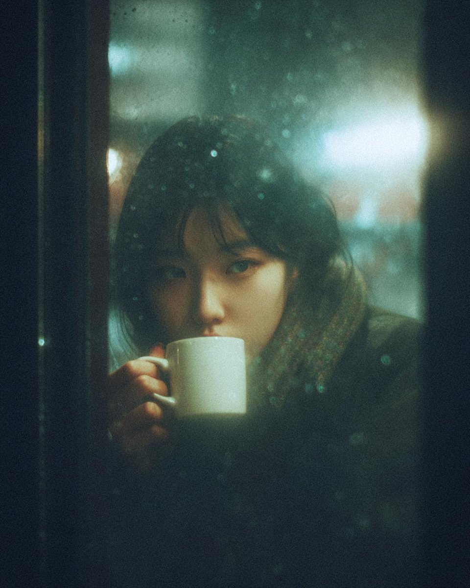 Moody Woman in Cafe Through Rain-Covered Window - view 1