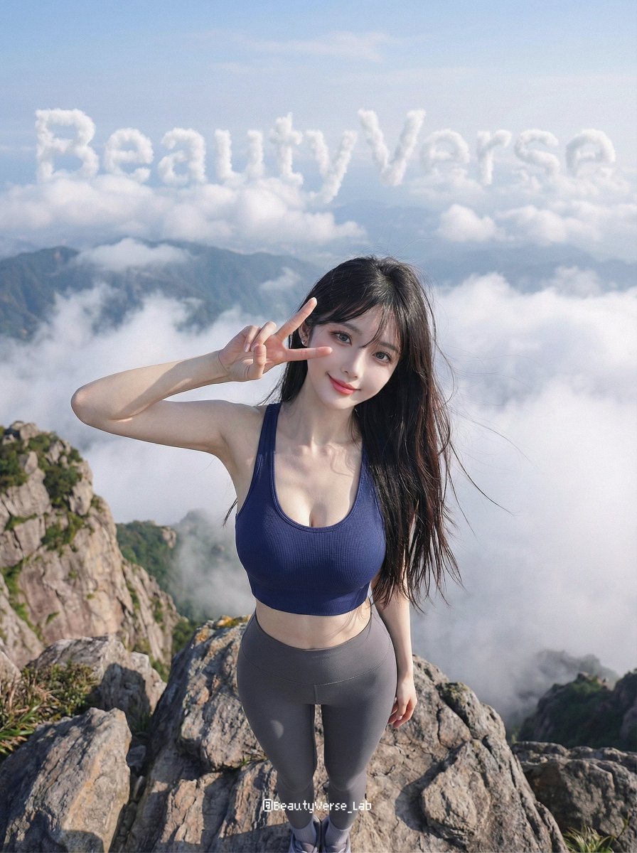 Hyper-realistic Woman on Mountain Peak, Wide-Angle, Surreal Sky - view 1