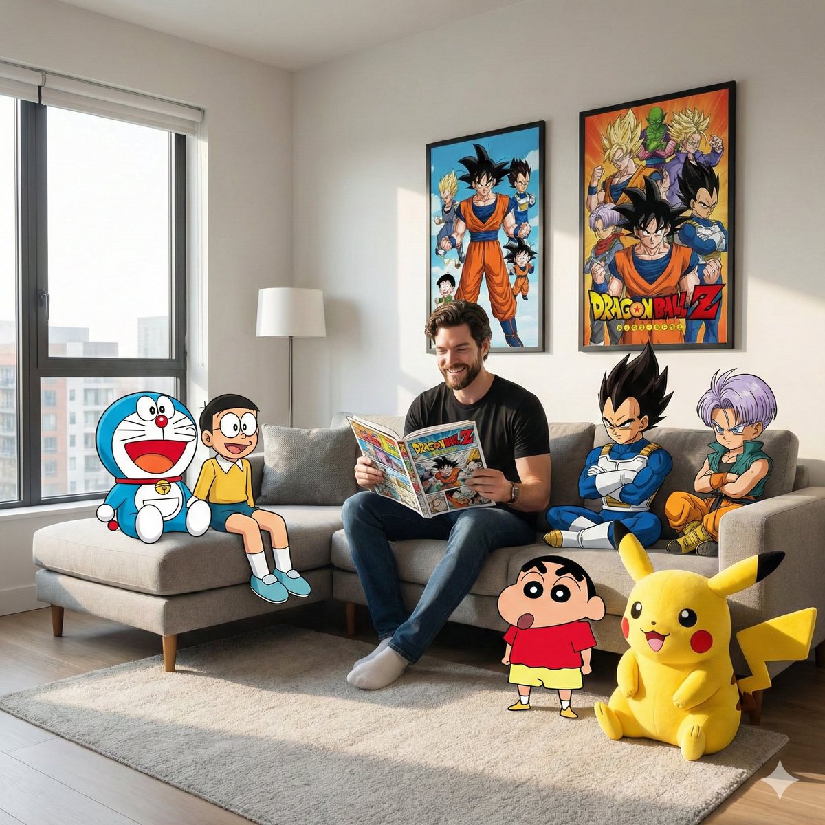 Modern Living Room Blends Photorealism with Anime Characters thumbnail 2
