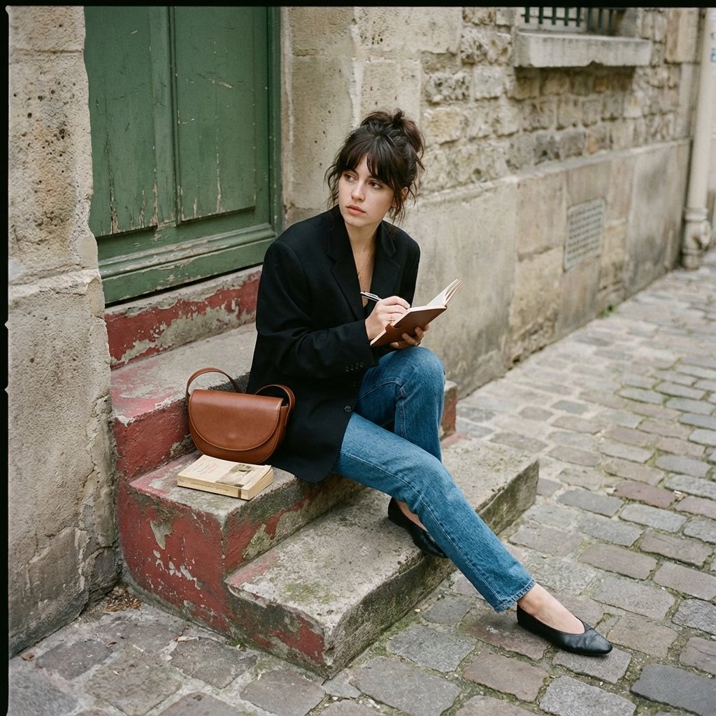 Thoughtful Woman Writing in Old European Alleyway - view 1