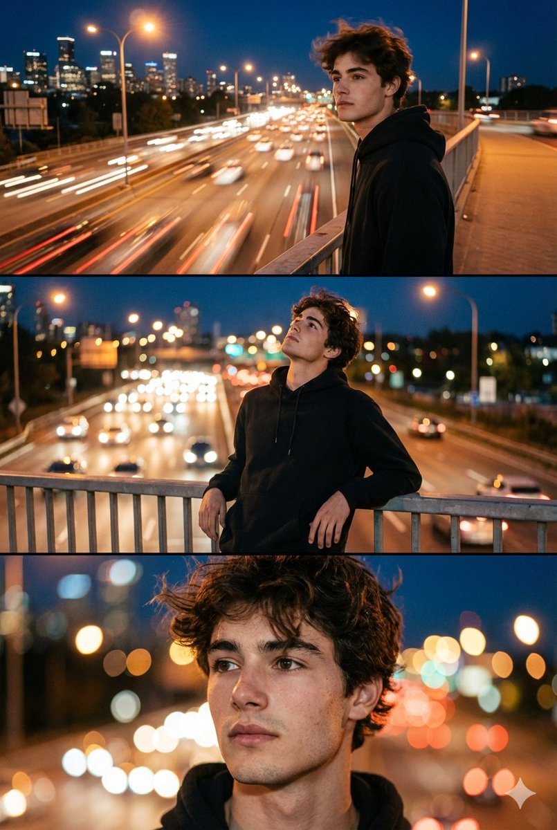 Photorealistic Cinematic Triptych: Urban Night Portrait - view 1