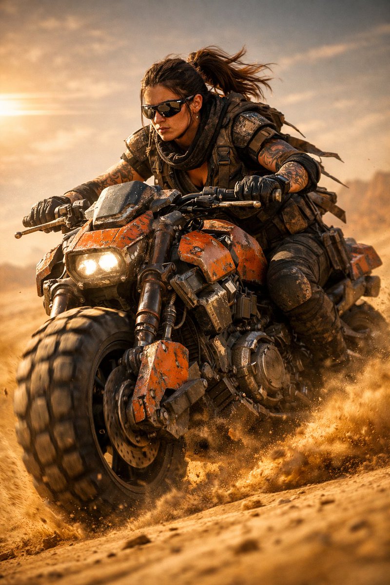 Futuristic Biker in Post-Apocalyptic Desert Scene - view 1