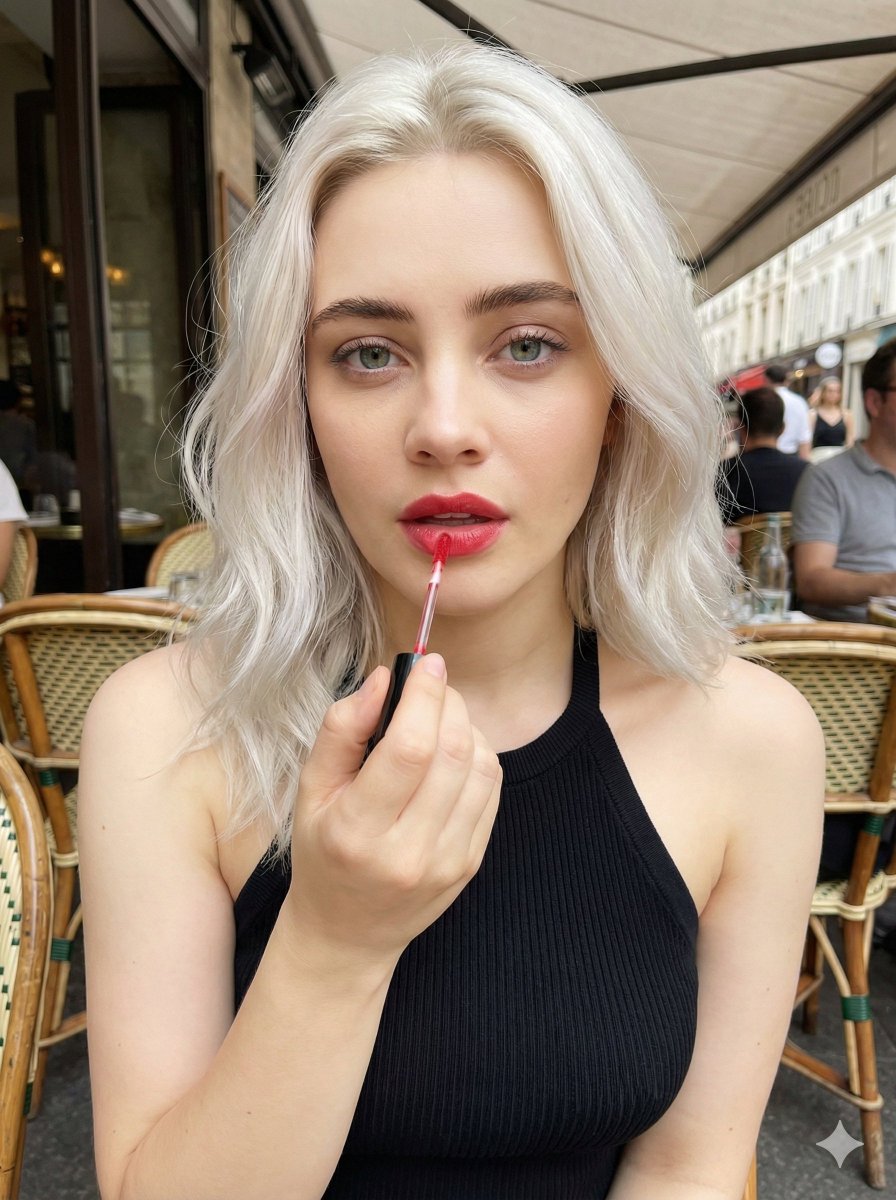 Outdoor Cafe Beauty Portrait: Woman Applying Red Lip Gloss - view 1