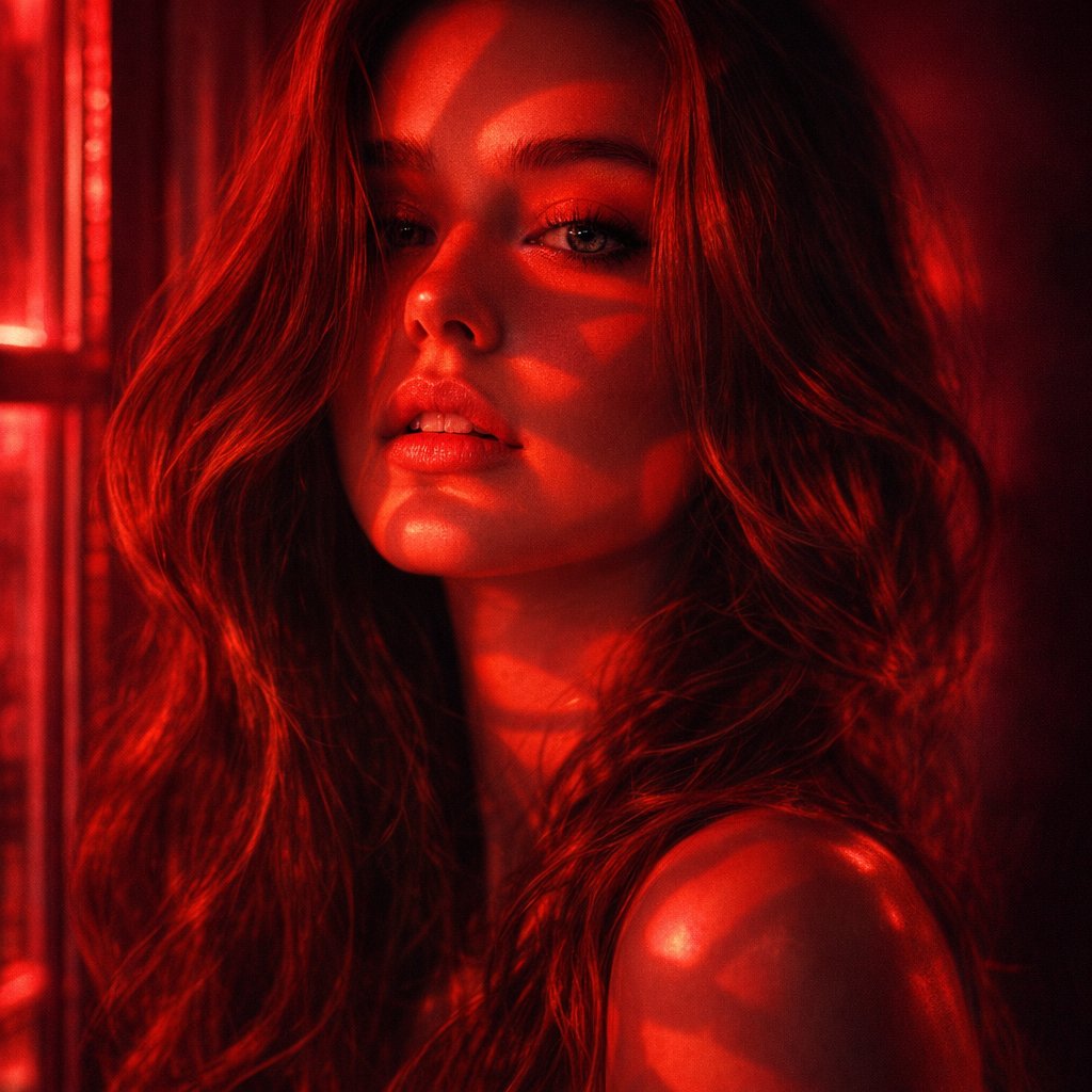 Cinematic Portrait with Cherry Red Neon and Wine Tones - view 1
