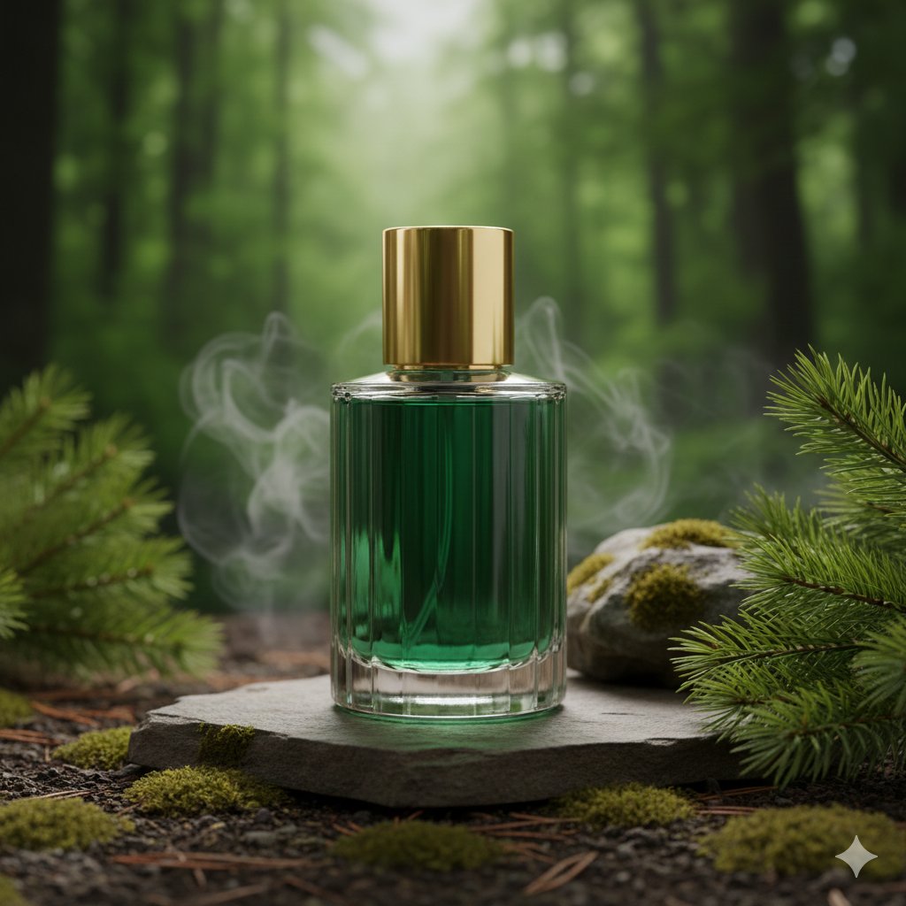 Photorealistic Emerald Green Perfume in Forest Setting thumbnail 4