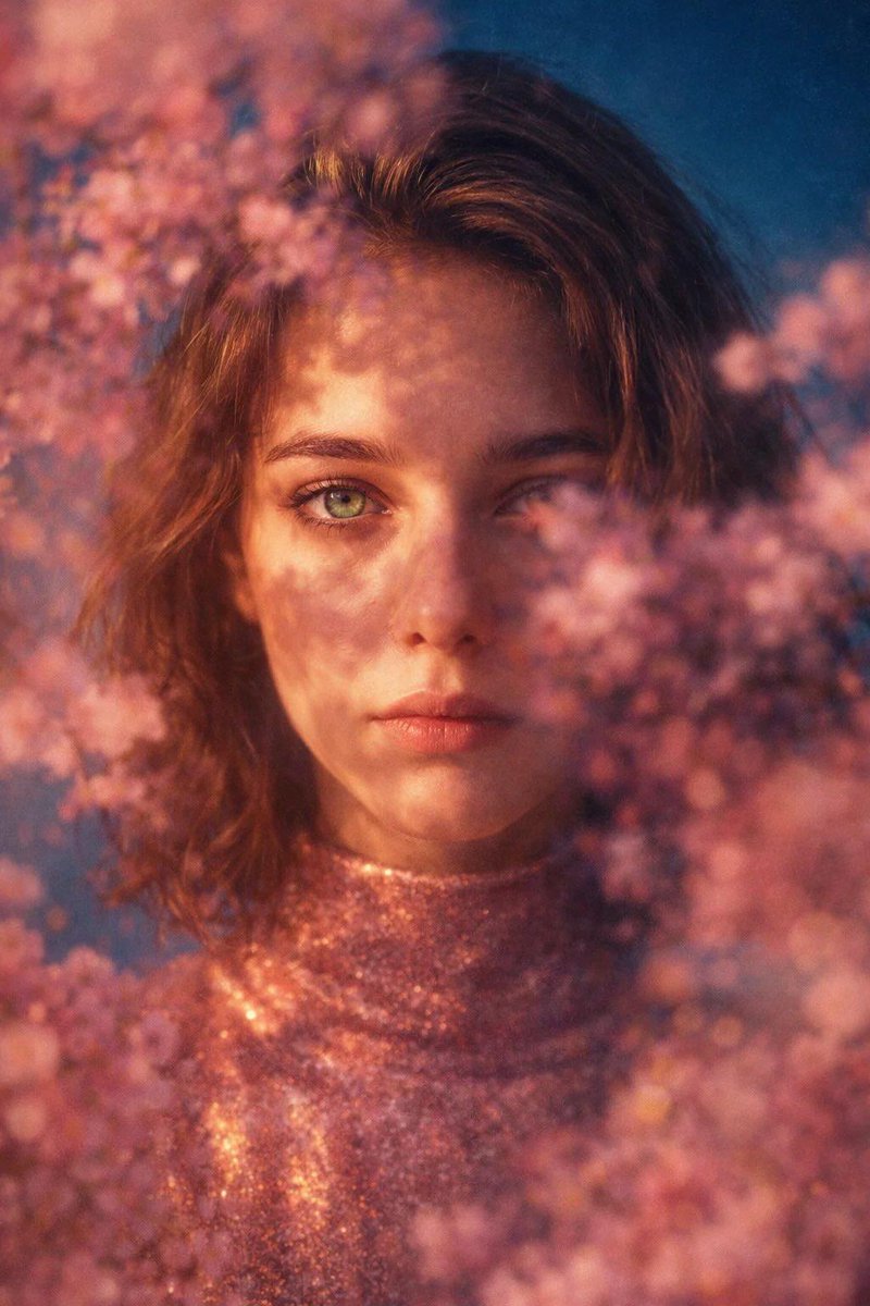 Cinematic Portrait: Woman with Pink Blossoms thumbnail 2