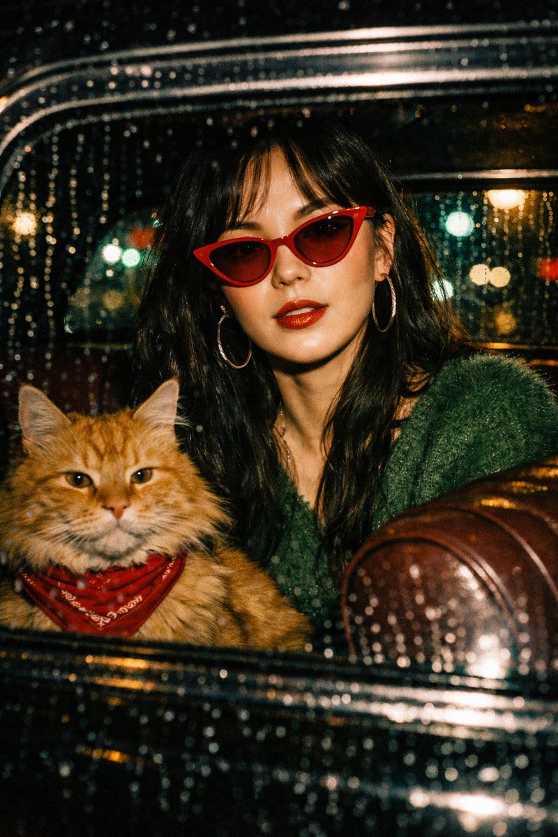 Cinematic Night Drive: Woman and Cat in Vintage Car - view 1