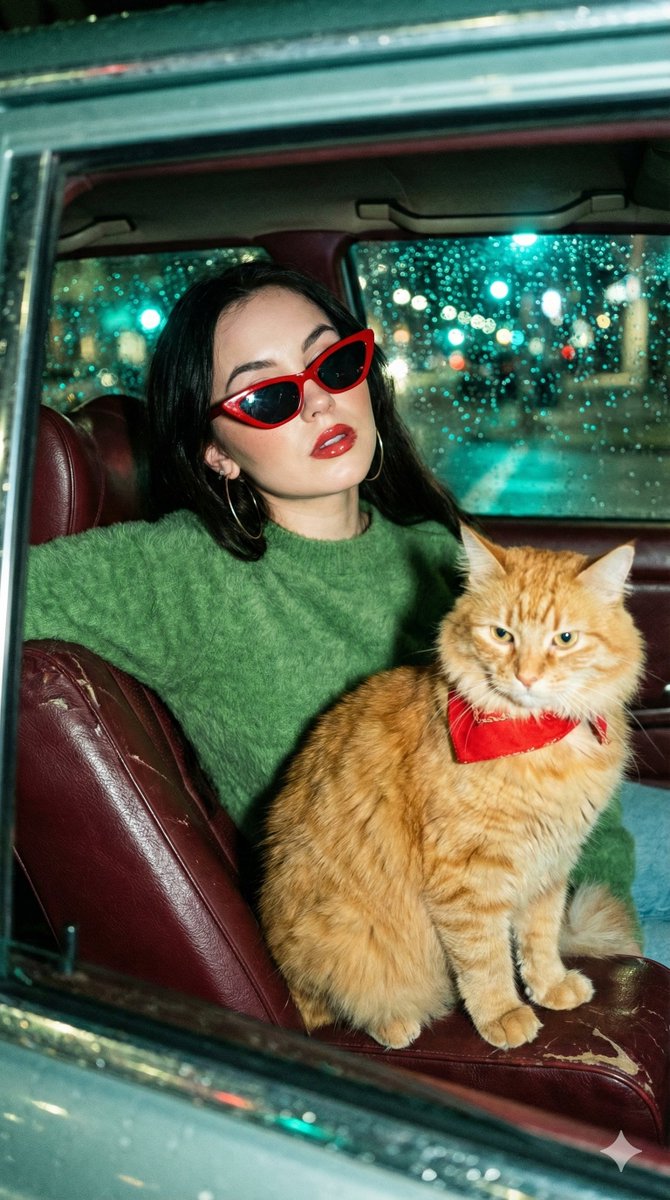Cinematic Night Drive: Woman and Cat in Vintage Car thumbnail 2