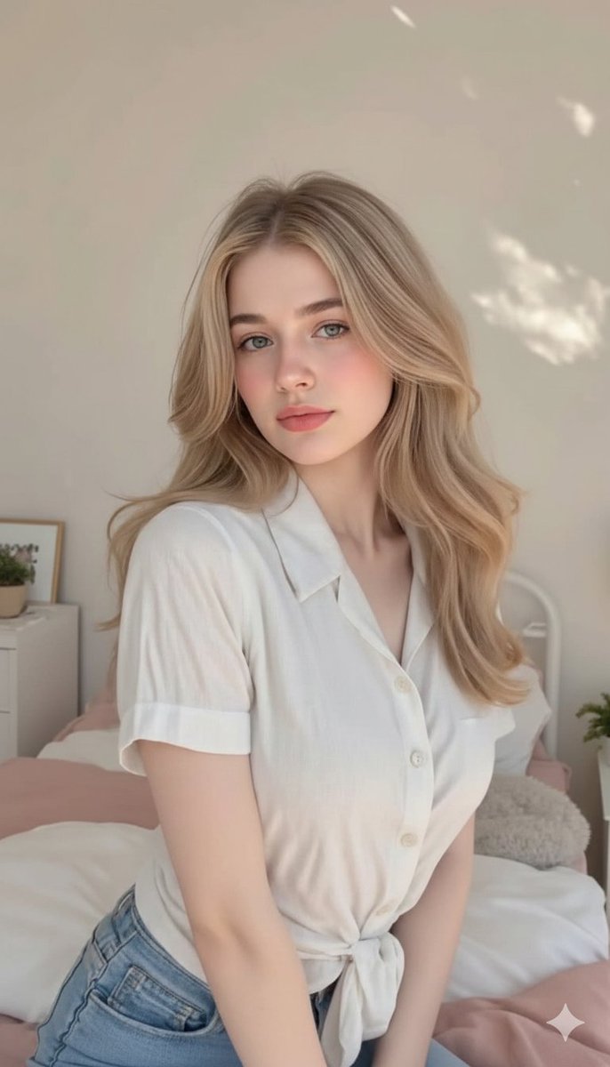 Innocent Blonde Woman in Cozy Bedroom - view 1