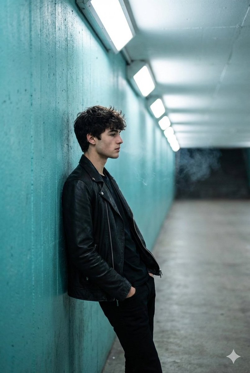 Young Man in Profile Against Turquoise Wall in Tunnel - view 1