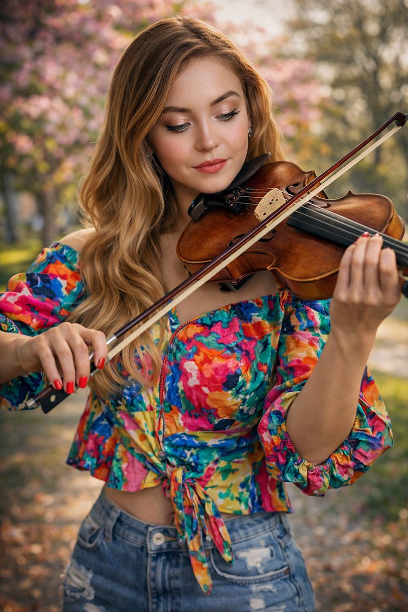 Realistic Woman Violinist, Abstract Painted Wall, Soft Natural Light thumbnail 2