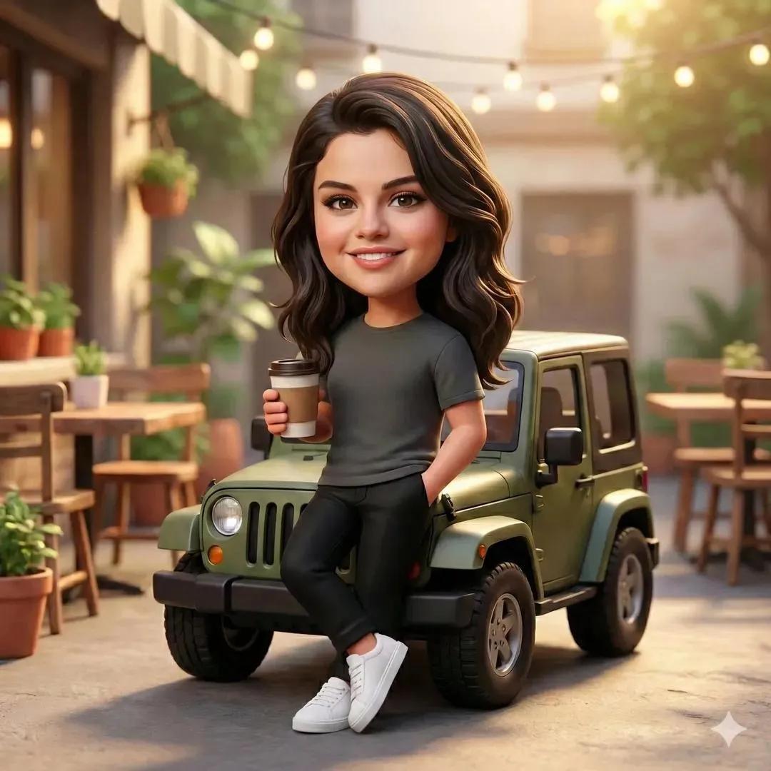 Chibi Character with Jeep at Cafe, Pixar Style thumbnail 2