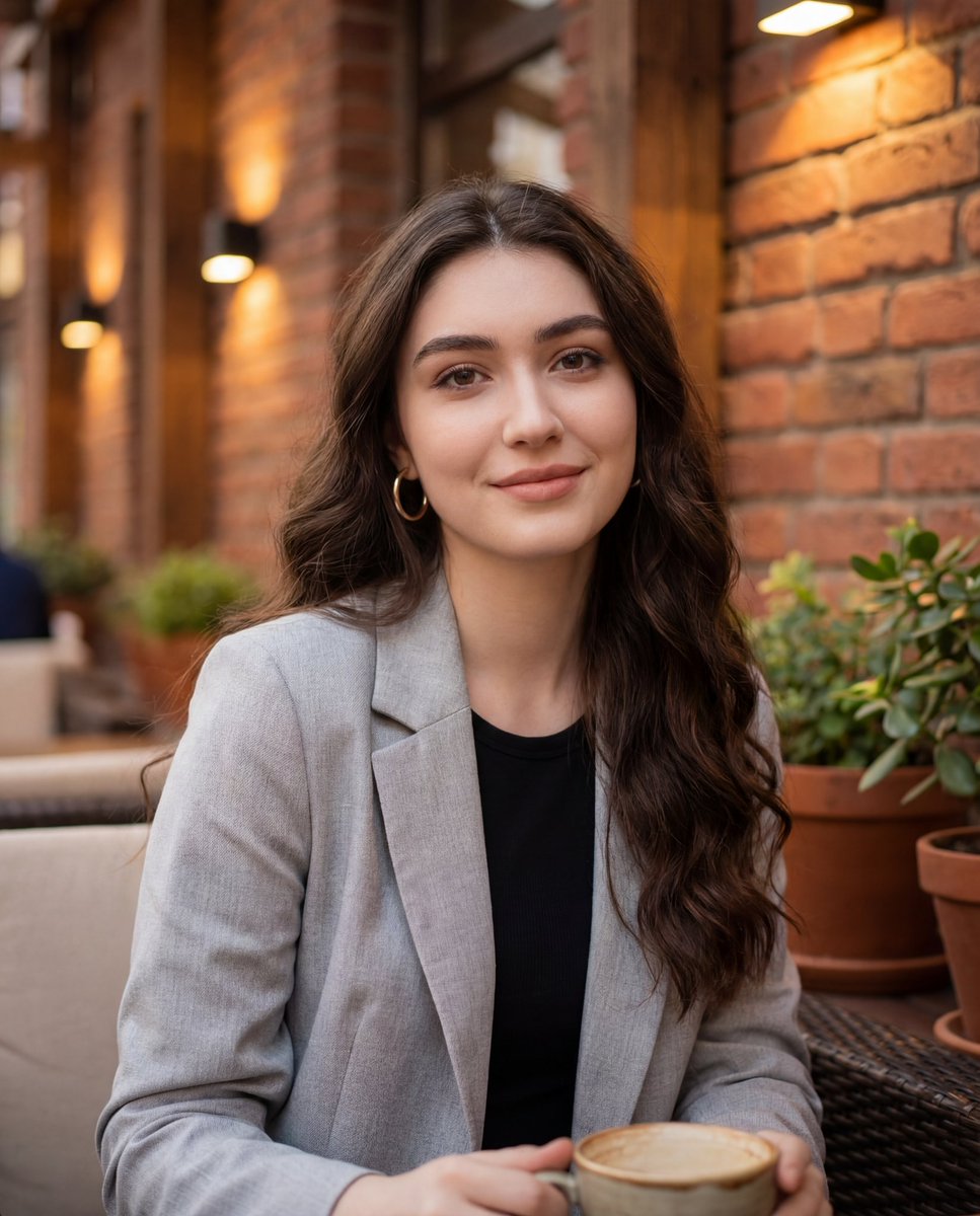 Lifestyle Portrait of Woman in Outdoor Cafe - view 1