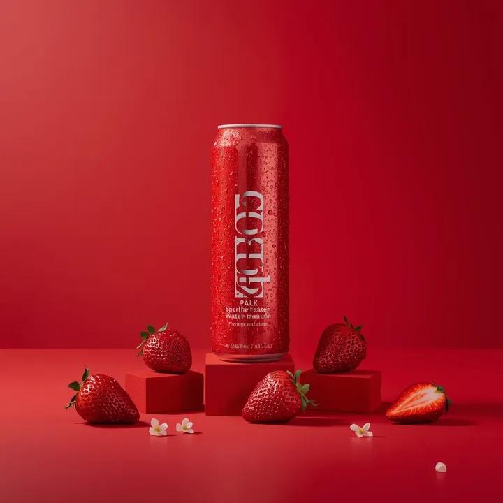 Premium Studio Photo: Red Sparkling Water Can & Strawberries - view 1