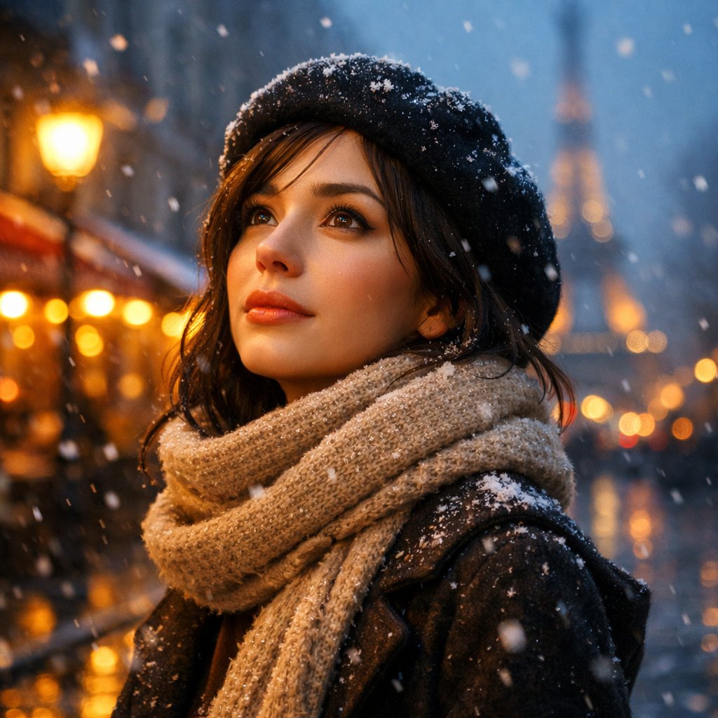 Young Woman in Winter Paris with Eiffel Tower - view 1