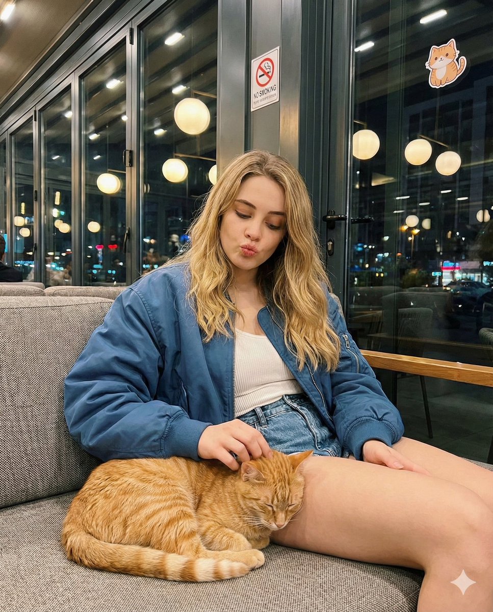 Young Woman Petting Cat in Cozy Cafe - view 1