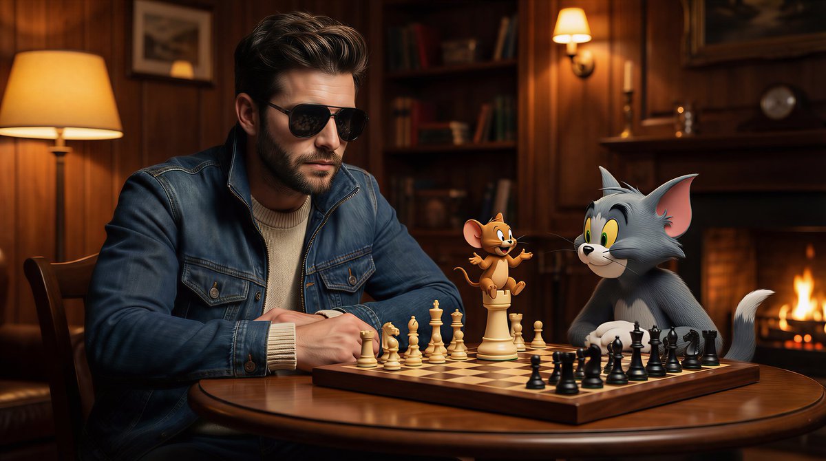 Cinematic Scene: Man Plays Chess with Cartoon Characters - view 1