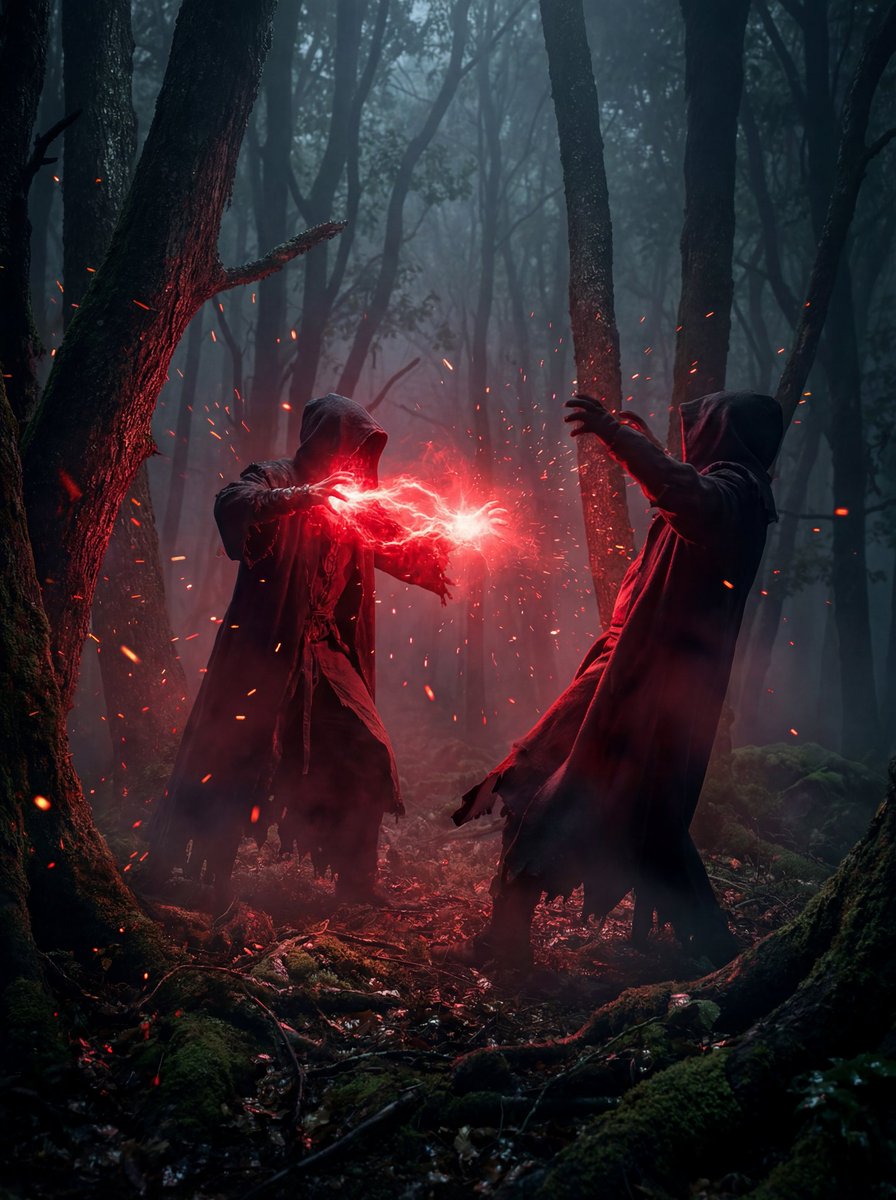Dramatic Cinematic Clash in a Dark Foggy Forest - view 1
