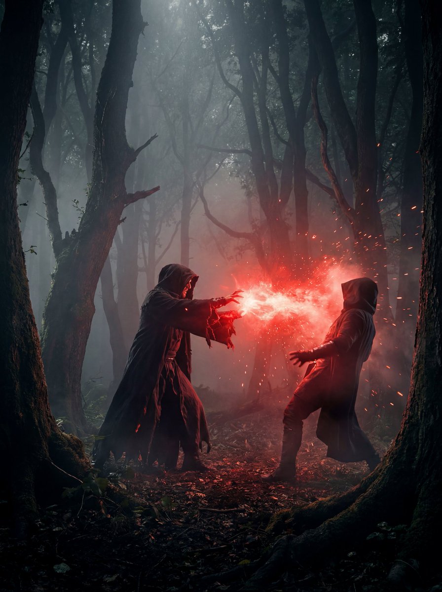 Dramatic Cinematic Clash in a Dark Foggy Forest thumbnail 2