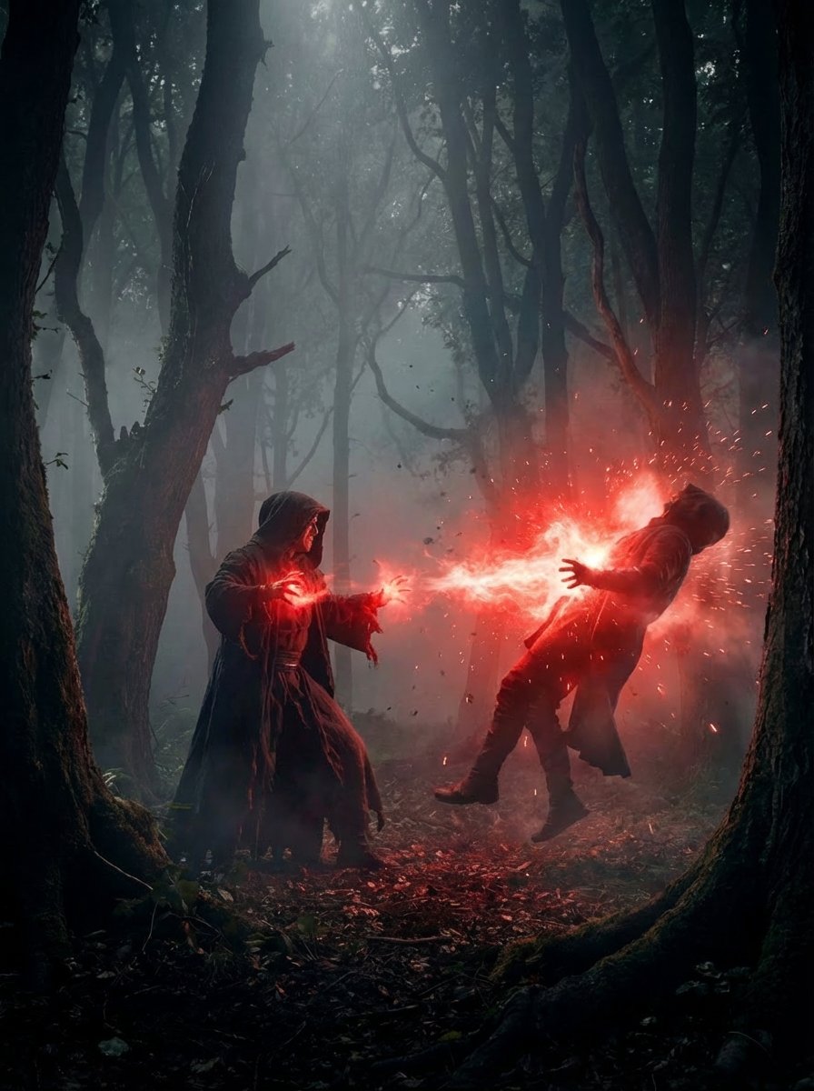 Dramatic Cinematic Clash in a Dark Foggy Forest thumbnail 3