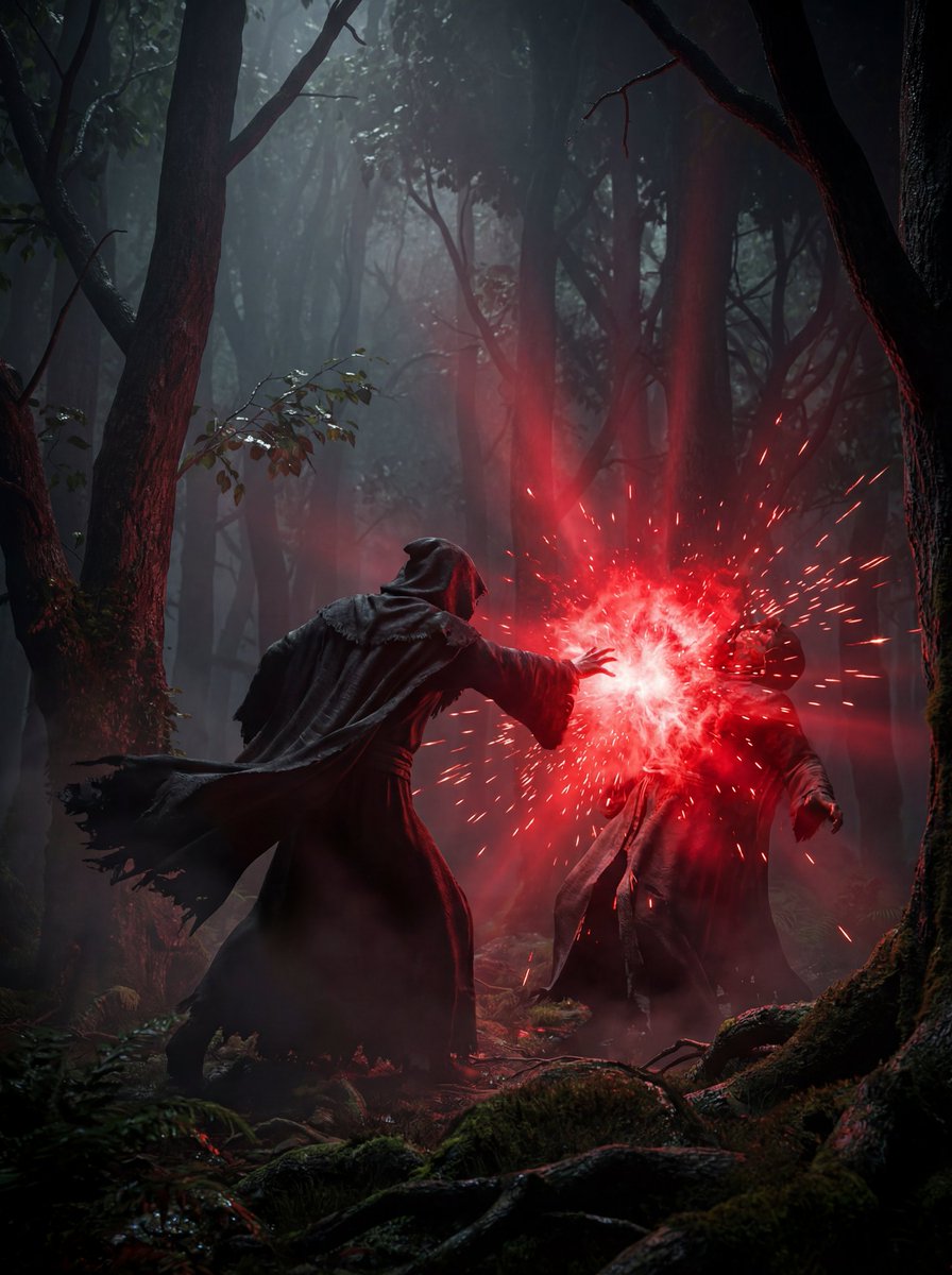 Dramatic Cinematic Clash in a Dark Foggy Forest thumbnail 4
