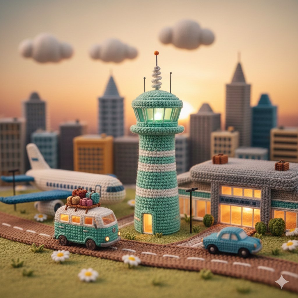 Whimsical Crocheted Airport Diorama at Sunset, Macro Style - view 1