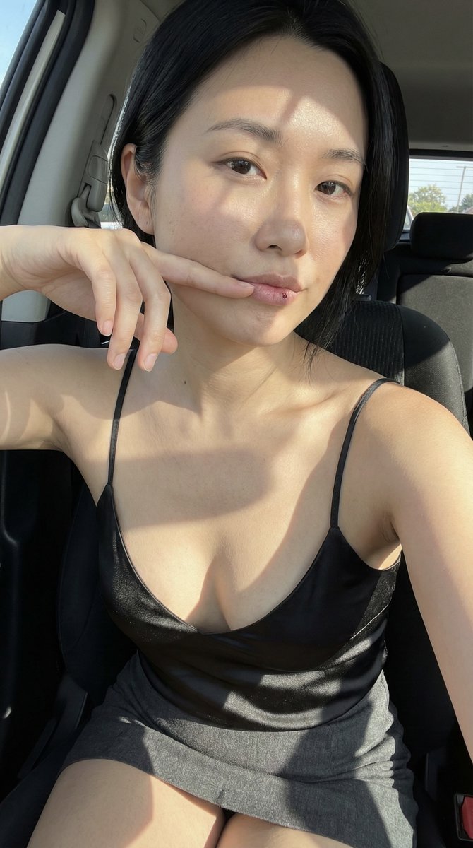 Photorealistic Selfie in Parked Car with Striped Sunlight - view 1