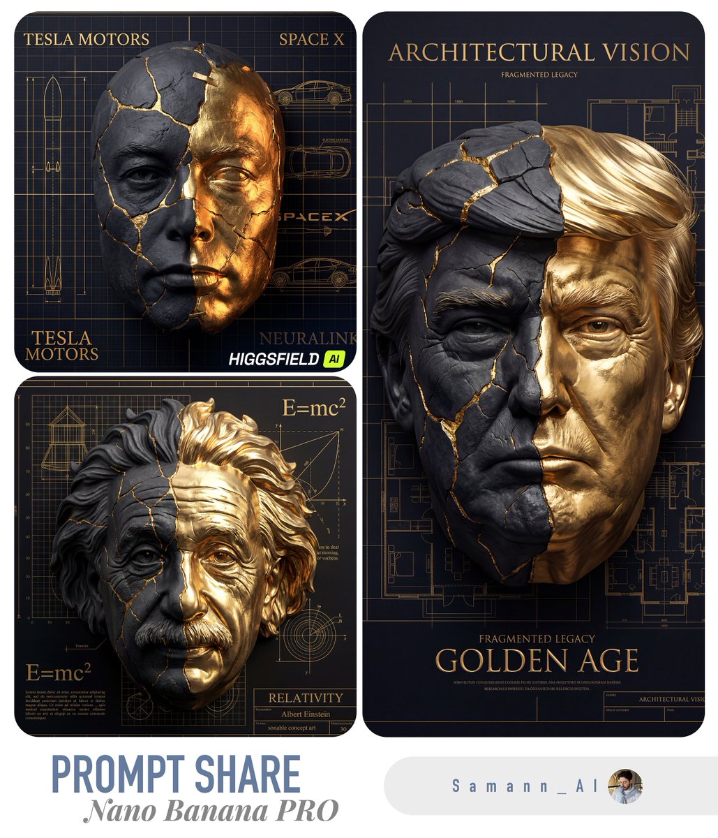 Split Mask Portrait on Luxury Architectural Blueprint - view 1