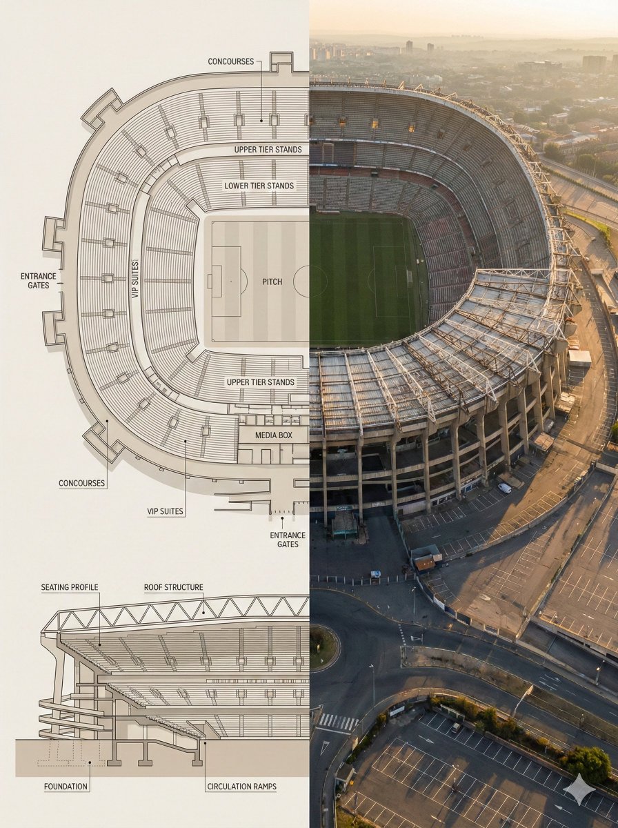 Blueprint vs. Reality: Architectural Landmark Comparison Split Image - view 1