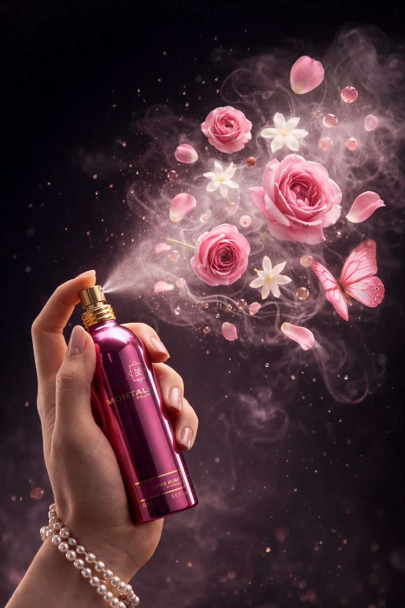 Luxury Perfume Ad with Hand, Mist, Flowers, and Butterfly - view 1