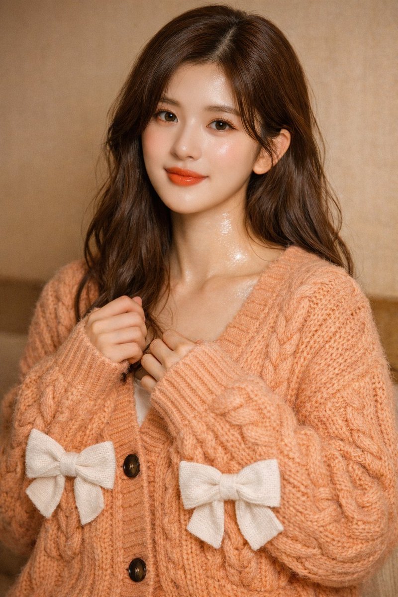 Photorealistic Zhao Lusi Portrait in Warm Peach Cardigan - view 1