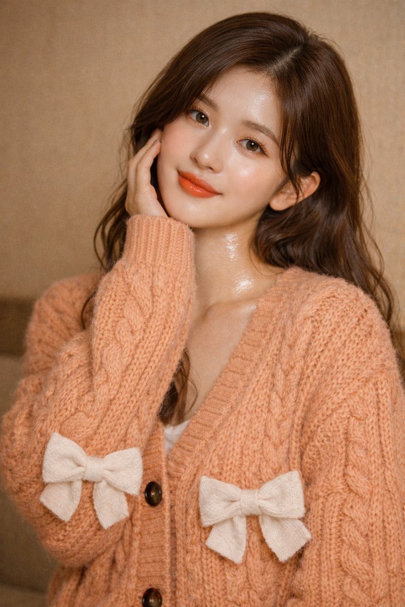 Photorealistic Zhao Lusi Portrait in Warm Peach Cardigan thumbnail 2