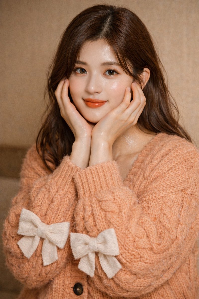 Photorealistic Zhao Lusi Portrait in Warm Peach Cardigan thumbnail 3