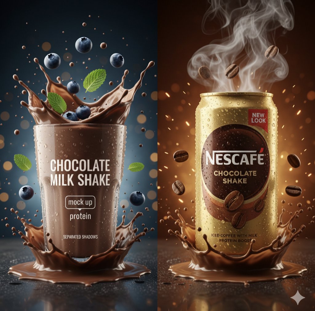 Hyper-realistic Split-Screen Chocolate Milkshake and Nescafé Can - view 1