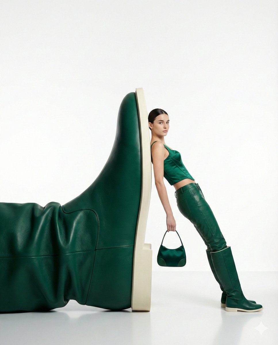 High-Fashion Editorial: Woman with Oversized Green Boot Sculpture - view 1