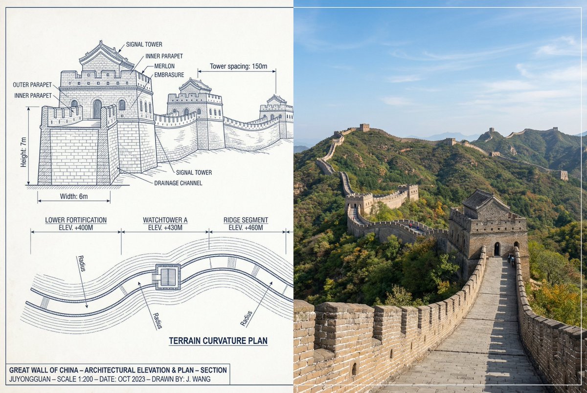 Great Wall of China: Technical Sketch vs. Real Photo - view 1