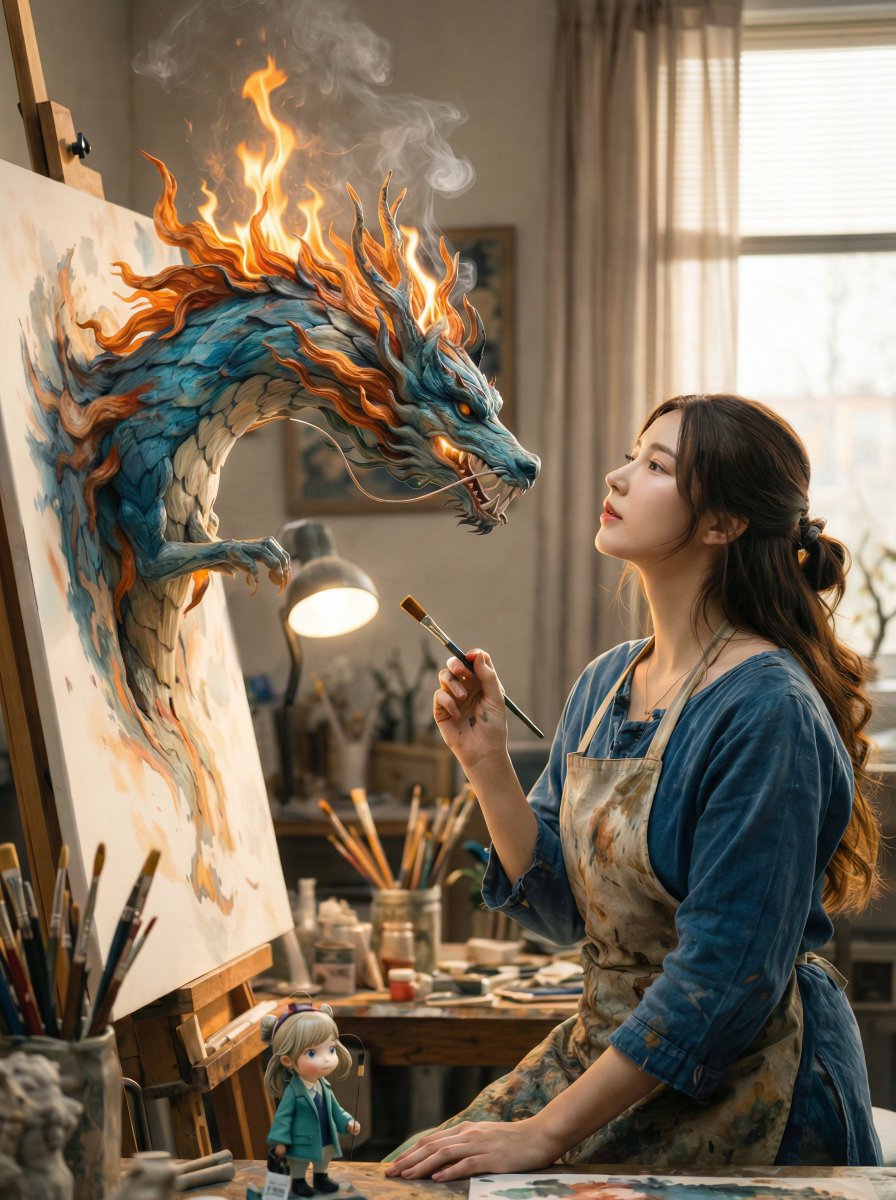 Dragon Emerging from Canvas in Artist's Studio - view 1