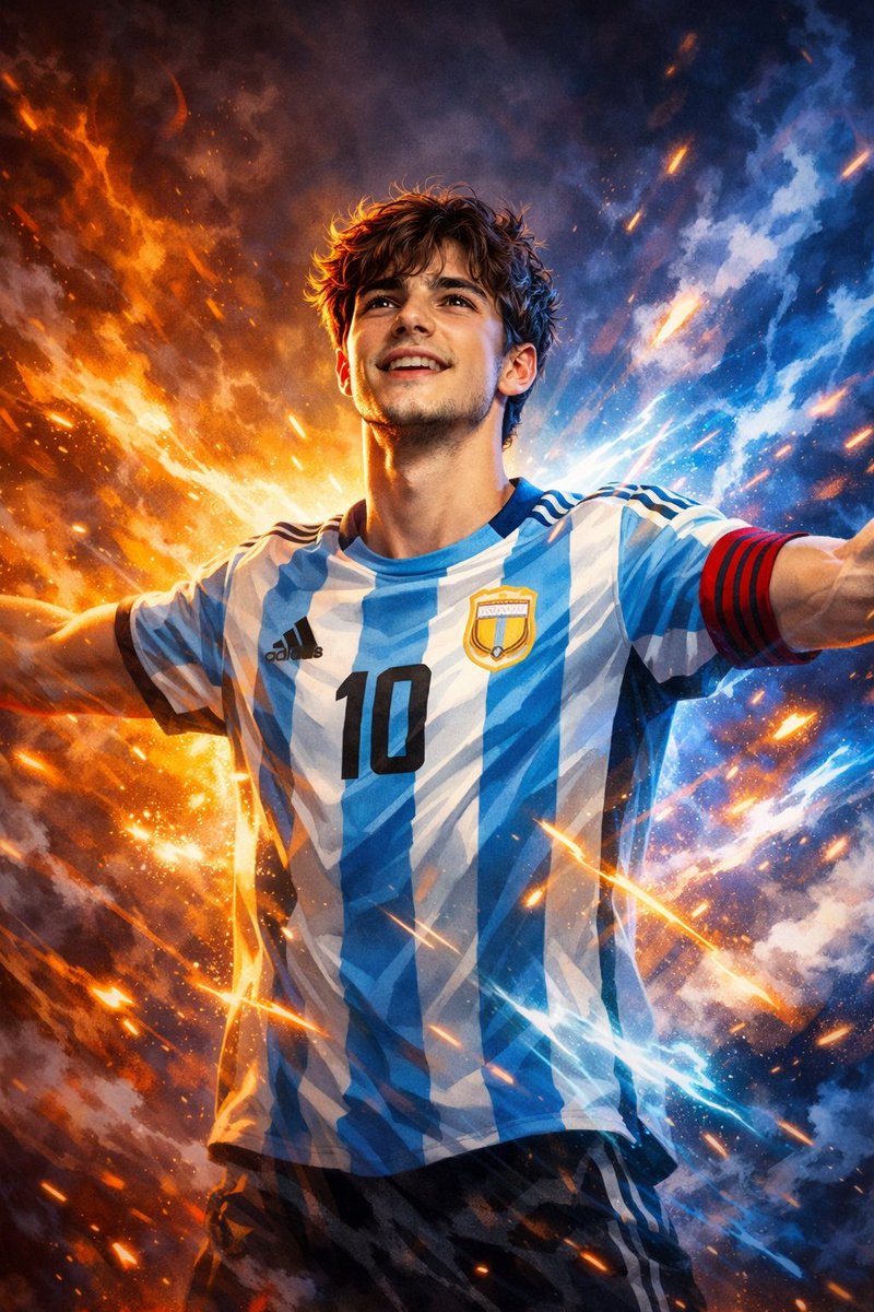 Digital Painting: Young Man in Victory Pose with Neon Aura - view 1