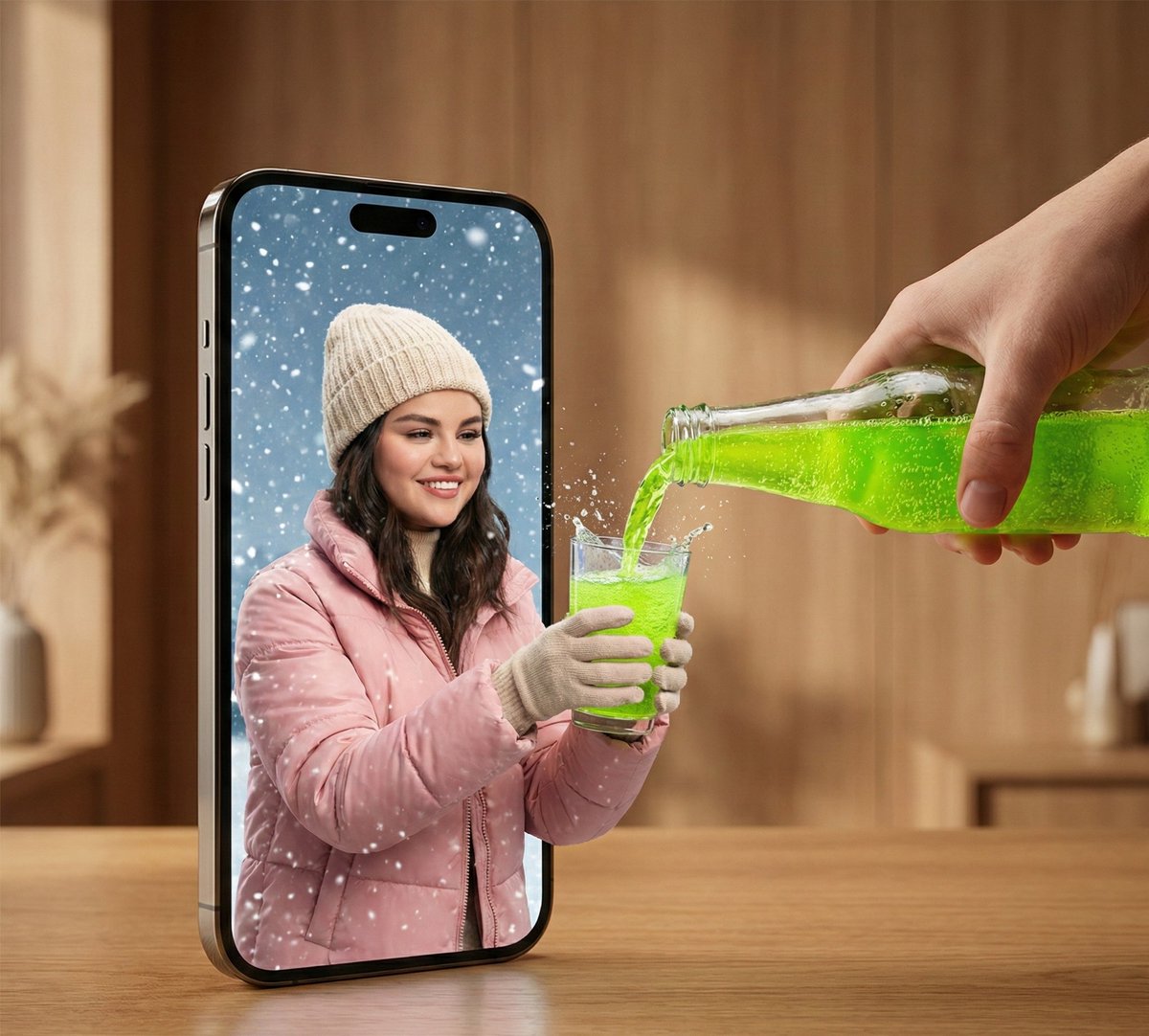 Smartphone Portal: Man in Winter Extends Hand for Drink - view 1