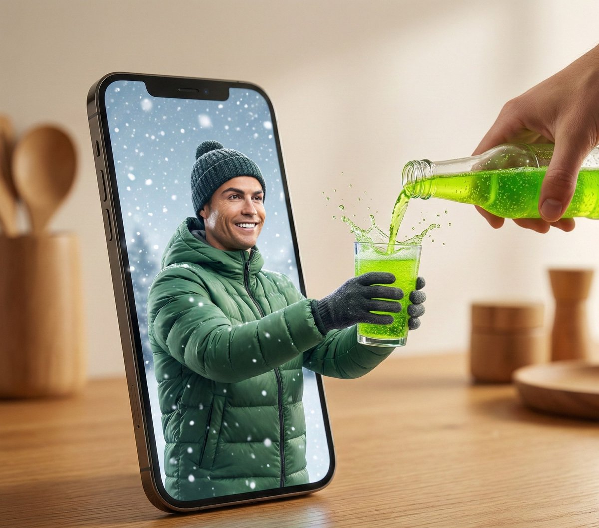 Smartphone Portal: Man in Winter Extends Hand for Drink thumbnail 2
