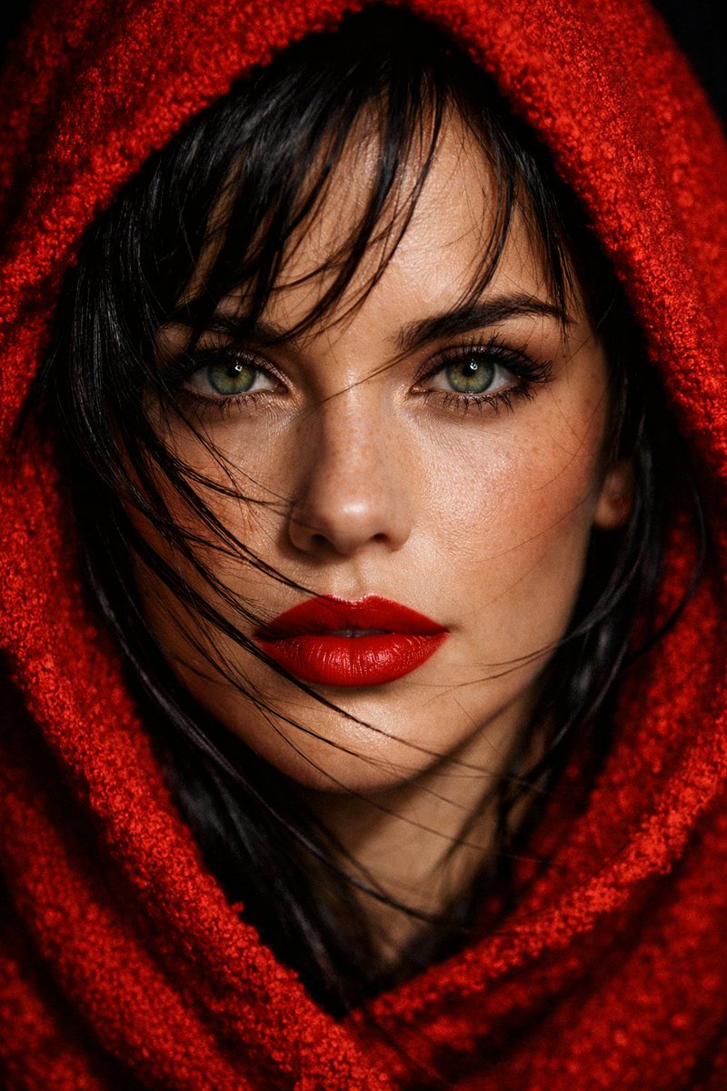 Dramatic Close-up Portrait with Green Eyes and Red Hood - view 1