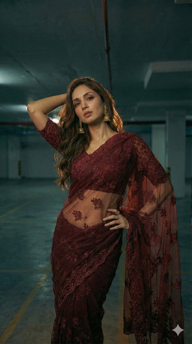 Cinematic Fashion: Saree Model in Parking Garage - view 1