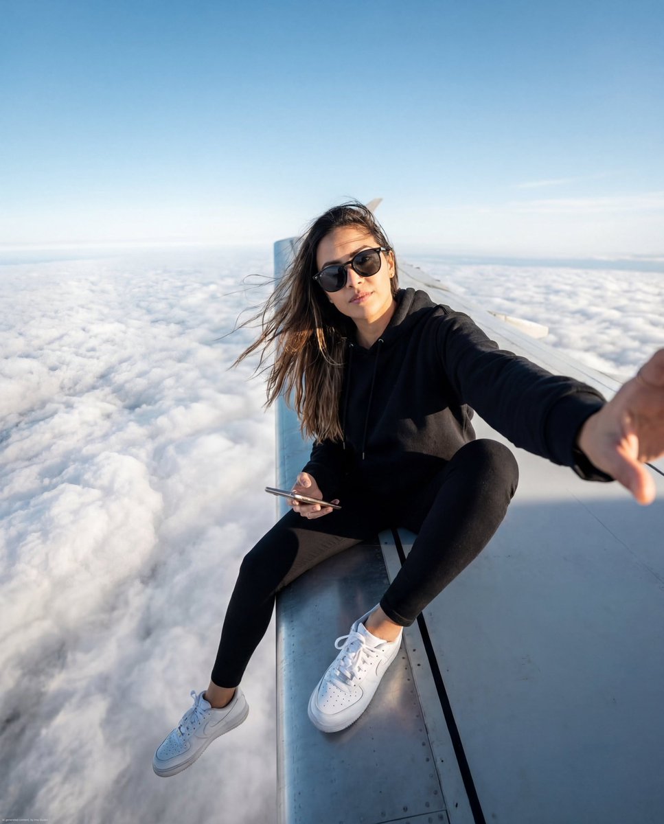 Woman Taking Selfie on Airplane Wing Above Clouds - view 1
