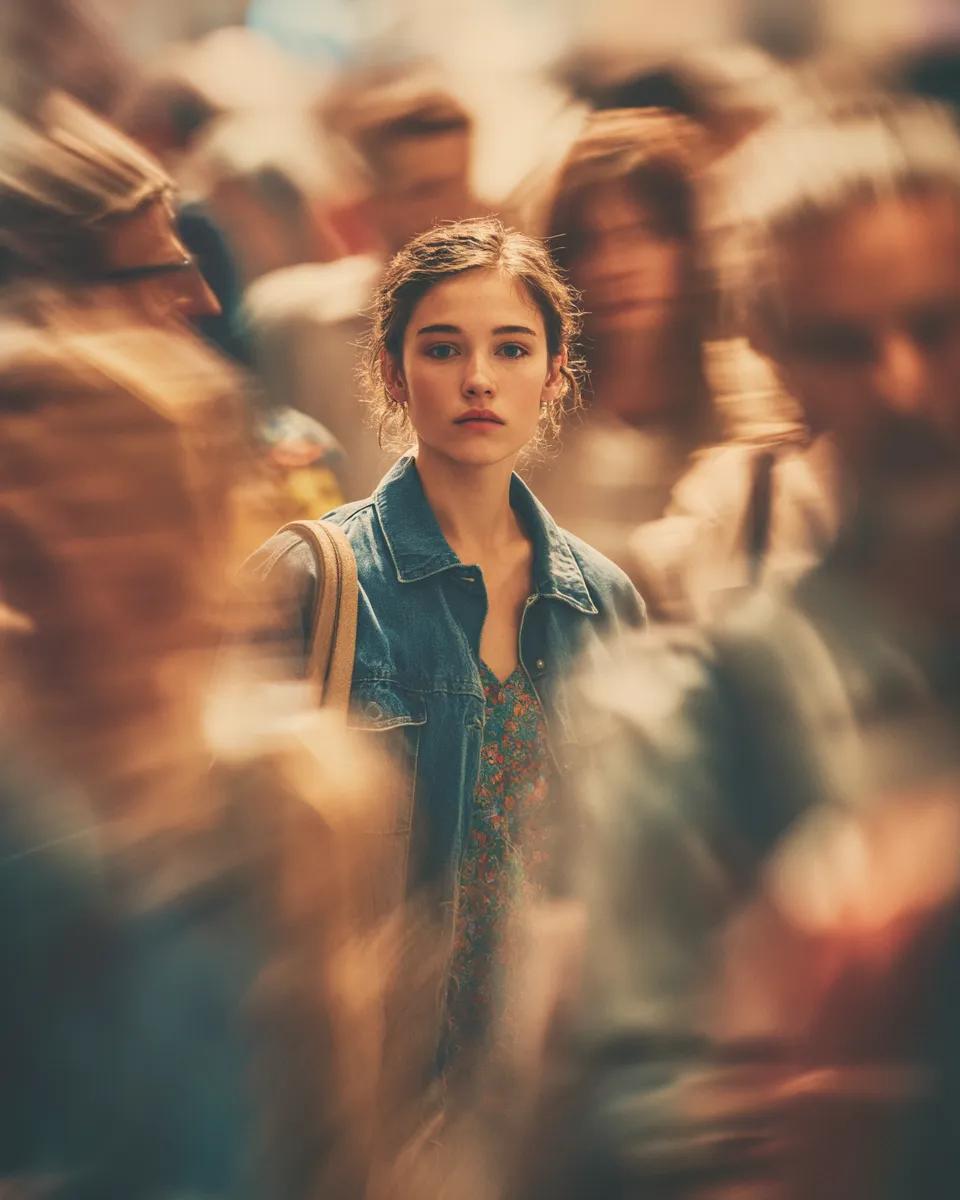 Cinematic Portrait in Busy Crowd with Motion Blur - view 1