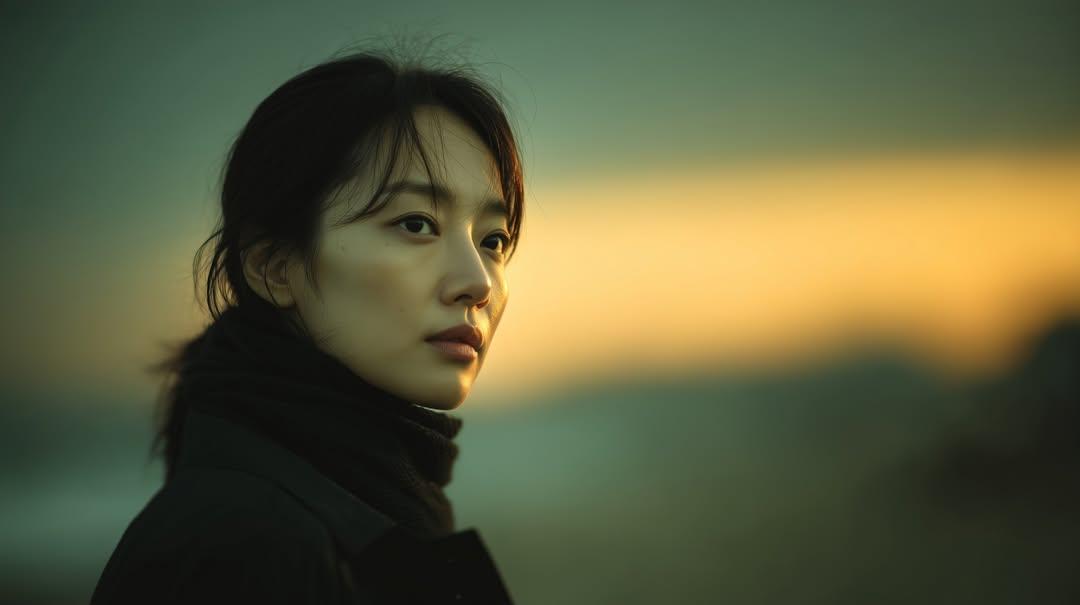 Cinematic Portrait of Young East Asian Woman at Sunset - view 1