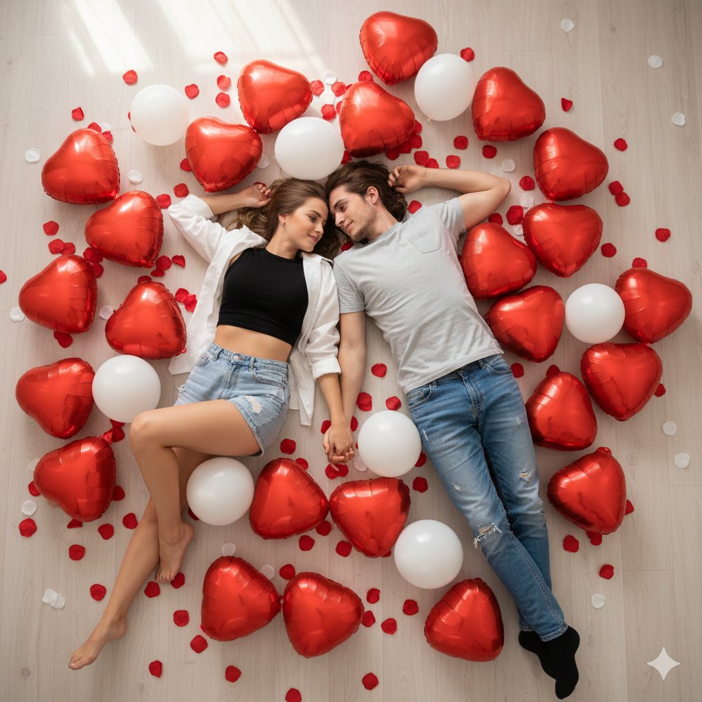 Hyper-realistic Overhead Shot of Couple with Heart Balloons - view 1