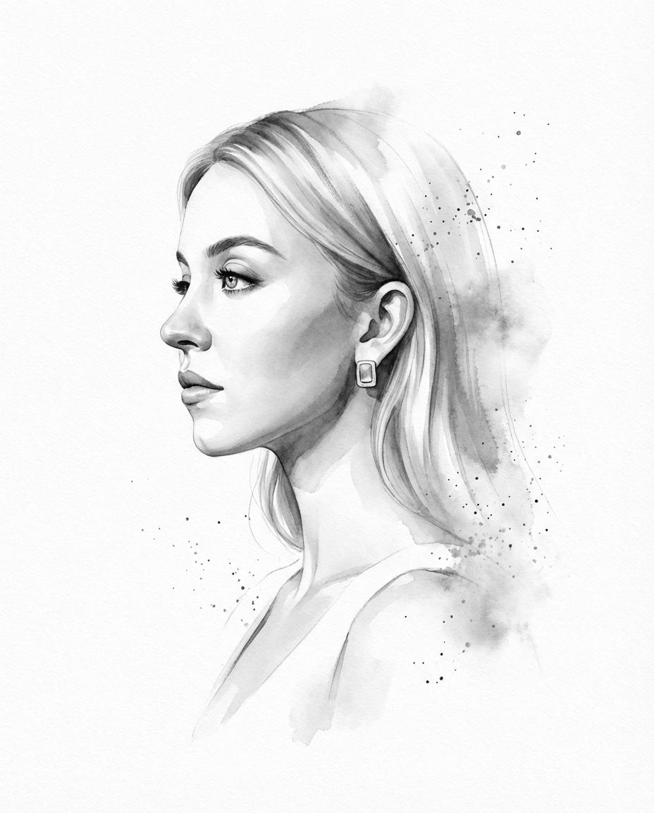 Refined Monochromatic Ink Portrait with Side Profile - view 1
